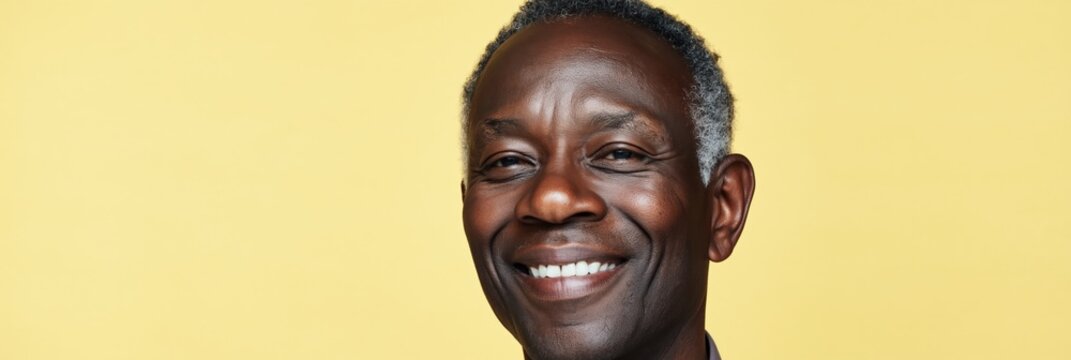 Mature man smiling and looking at camera in yellow studio