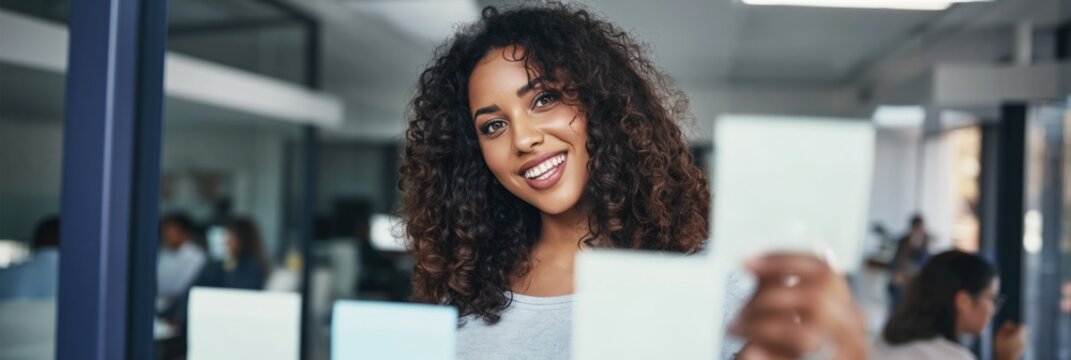 Woman holding blank note cards on glass board in office