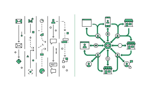 Split scene showing left side fragmented channels with disconnected elements and inconsistent flow, right side omnichannel system