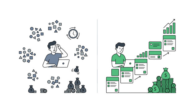 Split scene showing left side unstable freelancing with scattered tasks and inconsistent income, right side successful freelancing