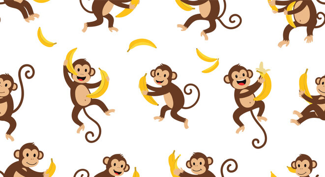 Fun seamless pattern of cute brown monkeys playing and eating yellow bananas on a bright and solid white background.