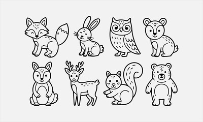 Fototapeta premium Woodland Animals doodle icon set. Fauna Vector illustration