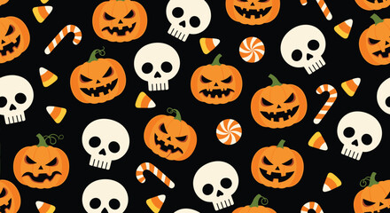 Fototapeta premium Vibrant seamless Halloween pattern with jack o lanterns skulls candy corn and swirl lollipops on a solid black background.
