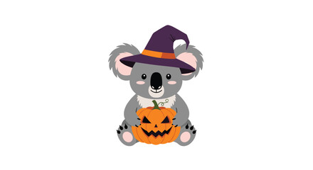 Obraz premium Cute Halloween illustration of a gray koala wearing a purple witch hat and holding a carved jack o lantern pumpkin.