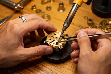 Fototapeta premium Watchmaker Repairing a Mechanical Watch Movement