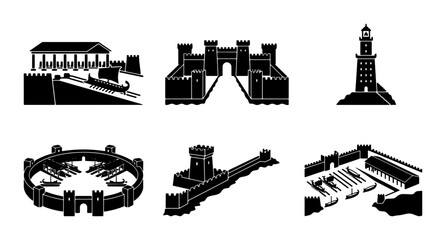 Obraz premium Ancient Fortifications & Landmarks Vector Icons, Historical Architecture Set