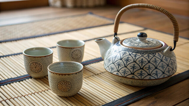 Traditional Japanese tea set with patterned ceramic teapot and cups