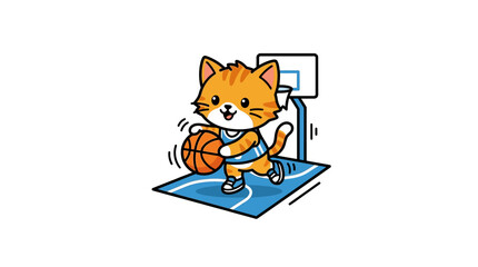 Fototapeta premium A cute orange kitten plays a game of basketball on court