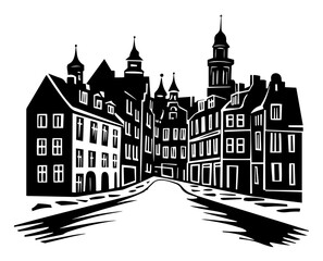 Fototapeta premium Old European town street silhouette with historic buildings and architecture, medieval city landscape vector illustration