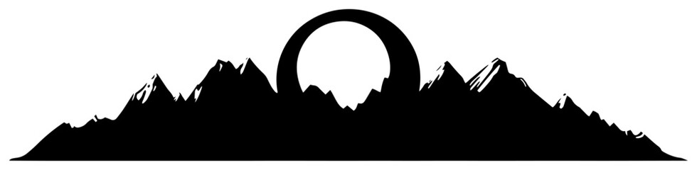 Obraz premium Mountain range silhouette with rising sun or moon, minimalist panoramic nature landscape vector illustration