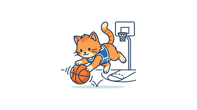 A cute orange kitten plays a game of basketball on court