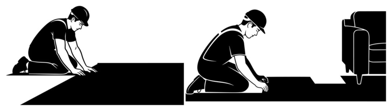 Professional floor installers silhouette laying carpet or vinyl flooring, construction workers in hard hats home renovation service vector
