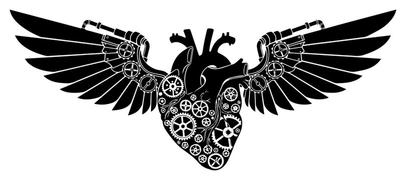 Mechanical steampunk heart with wings and gears, anatomical heart with clockwork machinery and feathers vector illustration