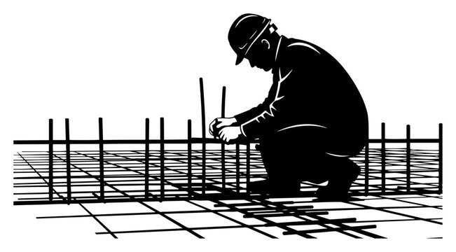 Construction worker installing rebar reinforcement silhouette, professional steel fixer working on concrete foundation site vector illustration
