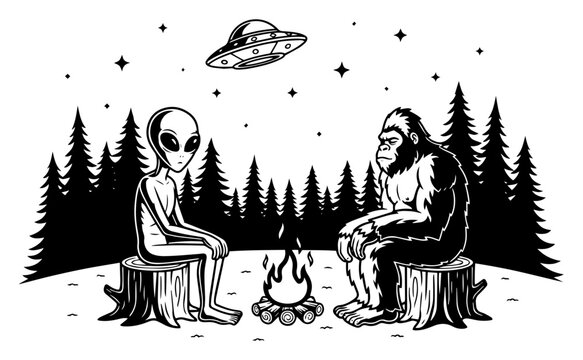 Alien and Bigfoot sitting by campfire in forest at night, UFO flying above campfire with cryptid and extraterrestrial vector