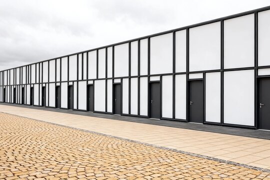 Modern Industrial Building Facade with Cobblestone Path