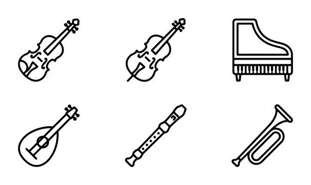 Musical Instruments Vector Icons: Violin, Piano, Mandolin, Flute, Trumpet Set