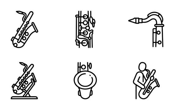 Saxophone Icons Set, Musical Instrument Vector Graphics, Jazz Band Elements, Woodwind Collection