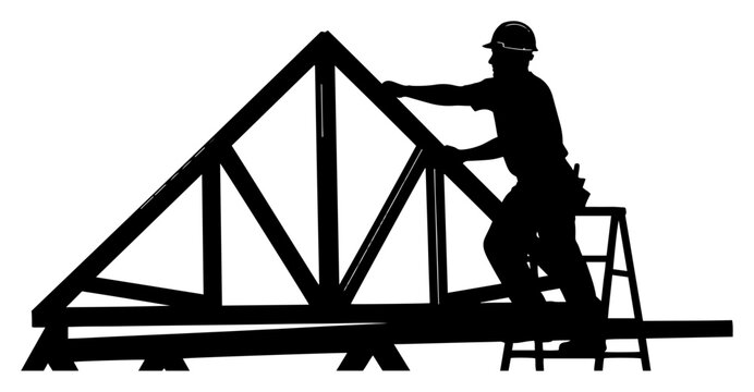 Roofer installing wooden roof truss silhouette, professional carpenter building house frame structure vector illustration