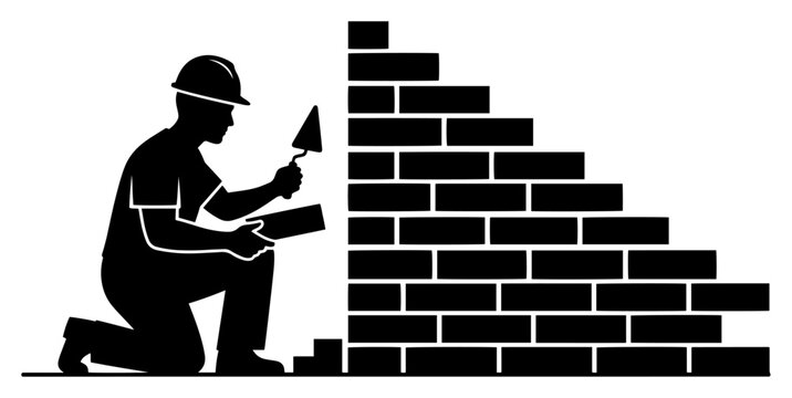 Professional mason building brick wall silhouette, bricklayer at construction site with trowel, worker in hard hat masonry service vector illustration