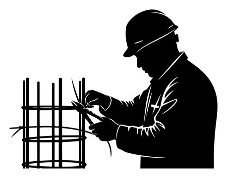 Professional steel fixer tying rebar for concrete reinforcement silhouette, construction worker building structural foundation vector illustration