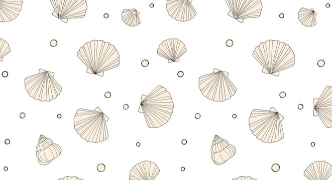 Delicate pattern of various beige seashells and tiny pearls scattered across a pure white background for beach and coastal themes.