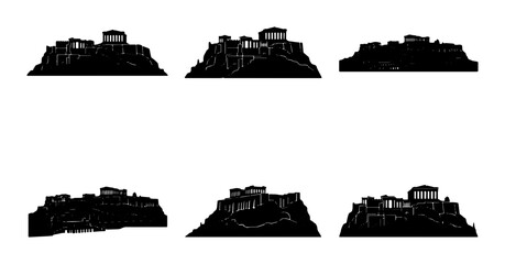 Obraz premium Ancient Acropolis Silhouettes, Greek Landmark Vector Icons, Athens Architecture Collection