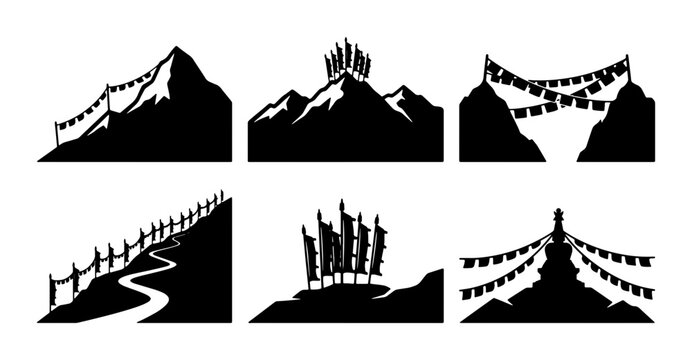 Mountain Landscapes, Prayer Flags, Stupas, Vector Icons Set