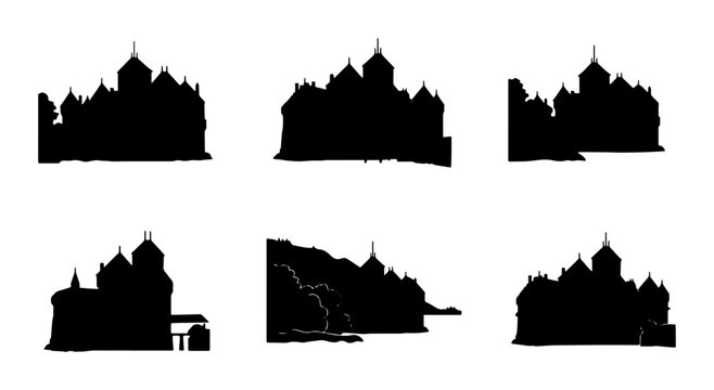 Castle Silhouettes, Gothic Architecture Vector Icons, Medieval Fortress Set