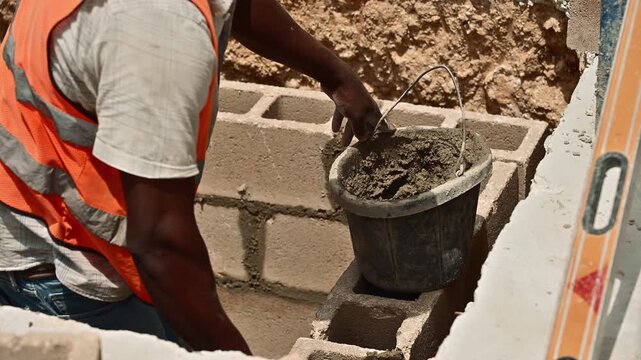 Bricklayer mixing cement with a trowel and building a wall with concrete blocks at a building site