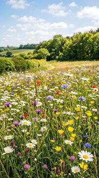 Wildflower meadow with daisies, cornflowers, and green rolling hills