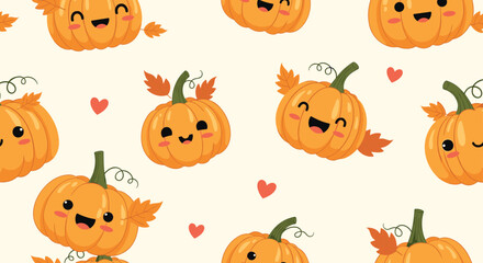 Fototapeta premium Adorable seamless pattern featuring smiling orange pumpkins with autumn leaves and floating hearts on a warm cream background.