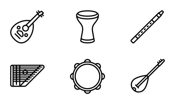 Traditional Musical Instruments Icons, Middle Eastern String & Percussion Vector Set