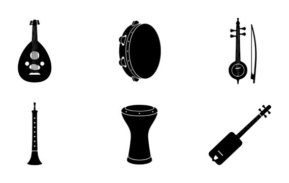 Middle Eastern Musical Instruments Vector Icons, Oud, Darbuka, Rebab