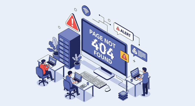 Isometric scene showing technical support team troubleshooting system server 404 page not found error website.
