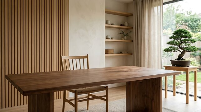 Modern Wooden Dining Table in Japandi Minimalist Interior Room with Bonsai Tree for Home Office Design
