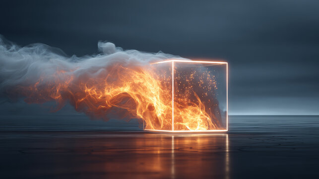 Glowing cube containing blazing fire and swirling smoke on dark background. Futuristic abstract concept of energy, technology, power, innovation, transformation and copy space.