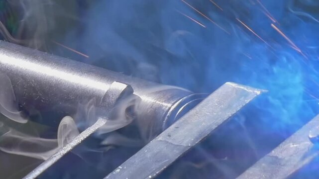 Witness the industrial argon welding robot as it expertly fuses metal pipes. Sparks fly and smoke dances in the air, all captured in this close-up look at advanced welding technology.