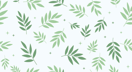 Fototapeta premium Simple and modern pattern of green leafy branches and tiny stars distributed over a light blue background for natural aesthetic designs.