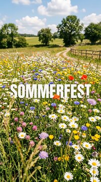 Wildflower meadow with white daisies and blue cornflowers, sommerfest