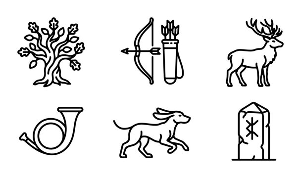 Hunting Icons Set: Deer, Dog, Bow, Horn, Tree, Rune Stone