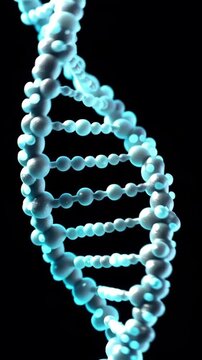 Rotating DNA double helix on an empty black background, vertical video featuring glowing genetic structure, futuristic science animation and biotechnology concept