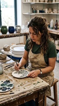 Woman painting botanical patterns on ceramic plate in pottery studio