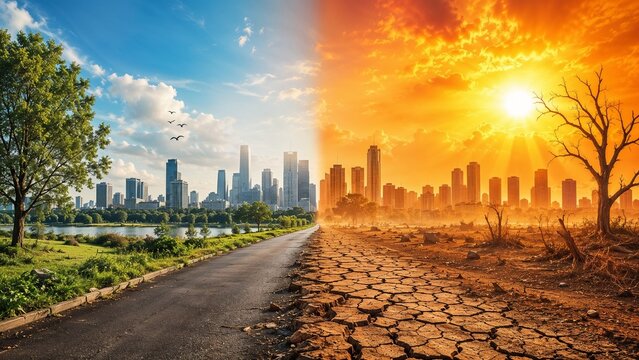 Climate Change Concept Showing Green Sustainable City and Extreme Heatwave Drought in Panoramic Landscape