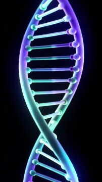 Rotating DNA double helix on an empty black background, vertical video featuring glowing genetic structure, futuristic science animation and biotechnology concept