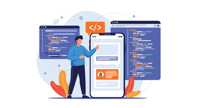 UI developer creating mobile application interface with code screens and modern smartphone layout design vector.