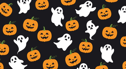 Obraz premium Classic halloween pattern featuring orange jack o lantern pumpkins and white ghosts with different expressions on a solid black background.
