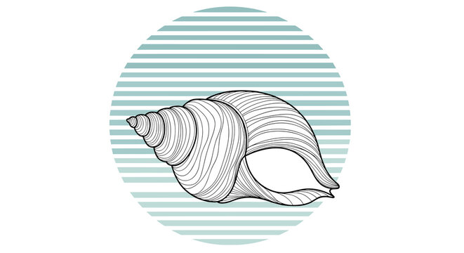 Detailed engraving of a spiral seashell centered within a blue and white striped circle for a nautical or beach themed design element.