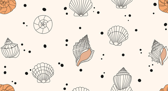 Seaside shell pattern with various types of detailed line art seashells and black splatters on a light cream colored background.