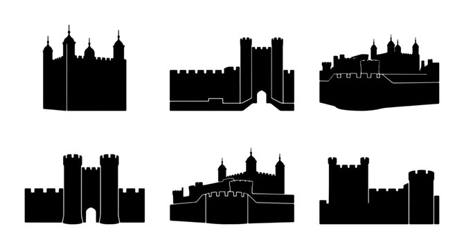 Castle Silhouettes, Fortress Icons, Medieval Architecture Vector Collection